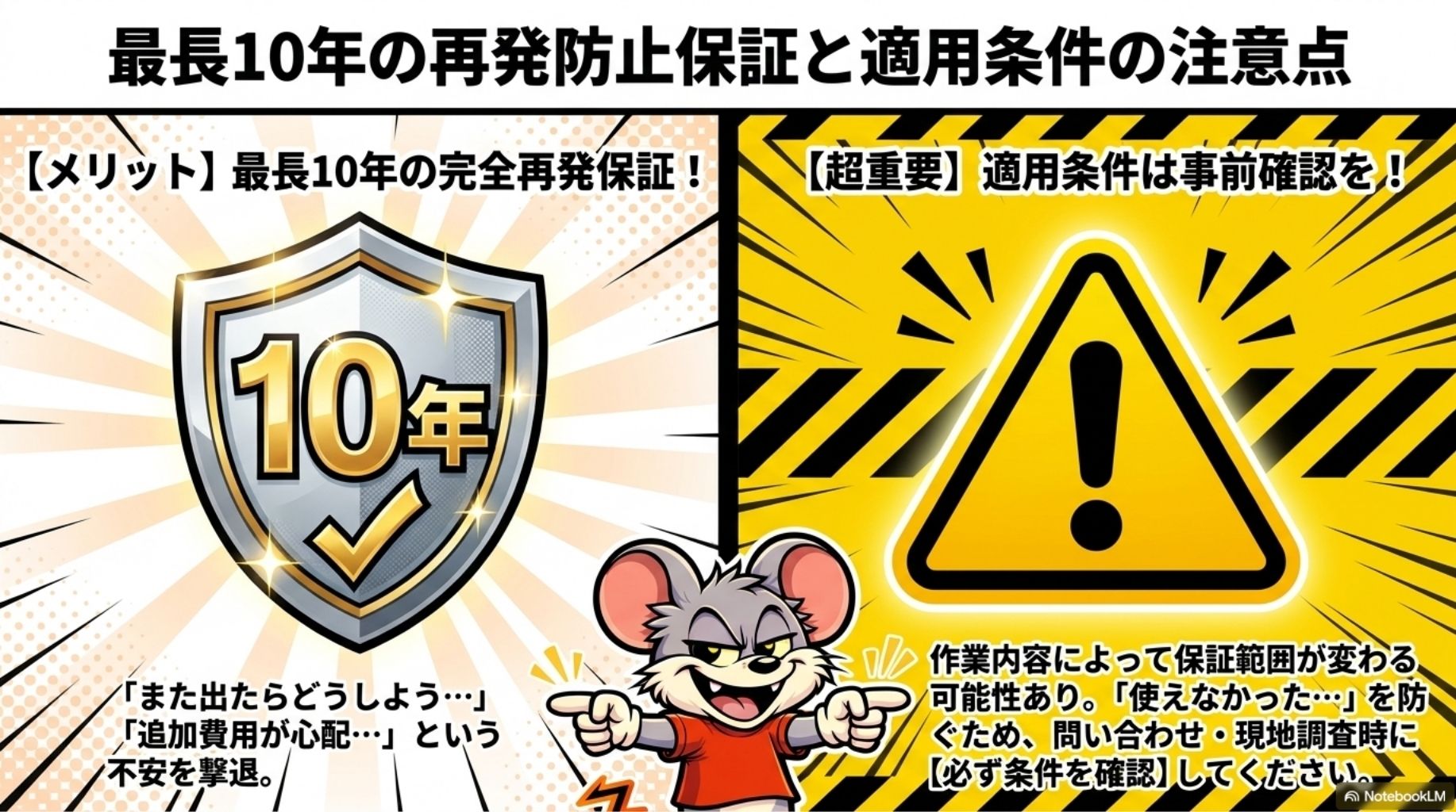 最長10年の再発防止保証と適用条件の注意点を解説したスライド