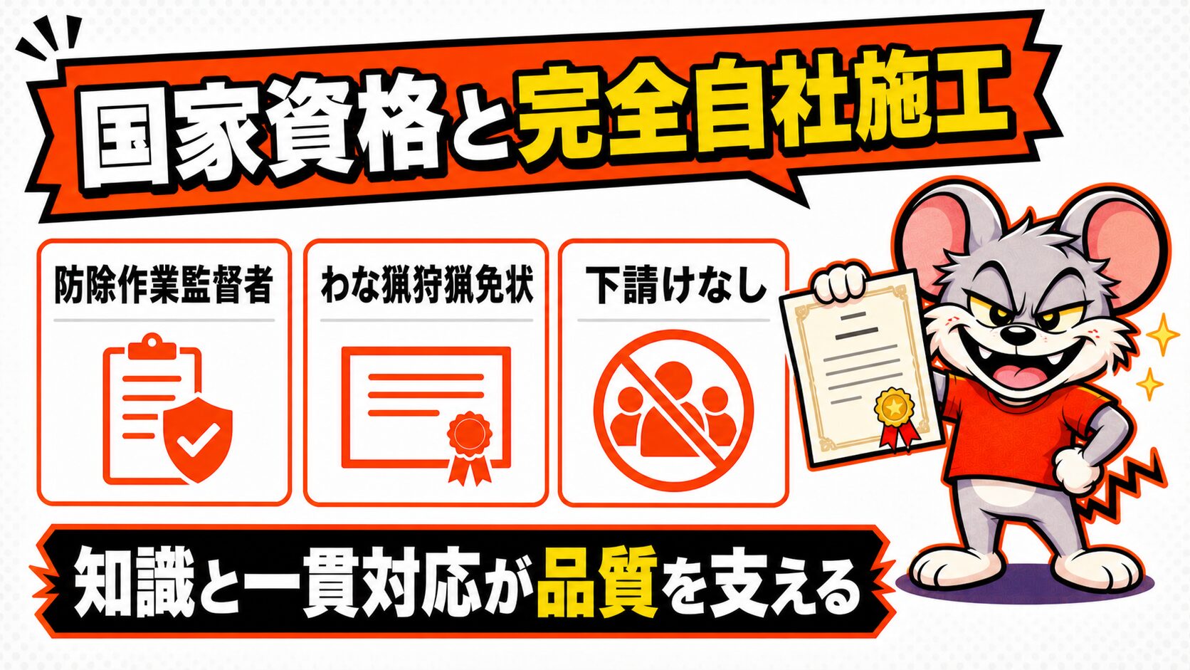 ペスコンProの国家資格保有と完全自社施工による品質の裏付けの図解