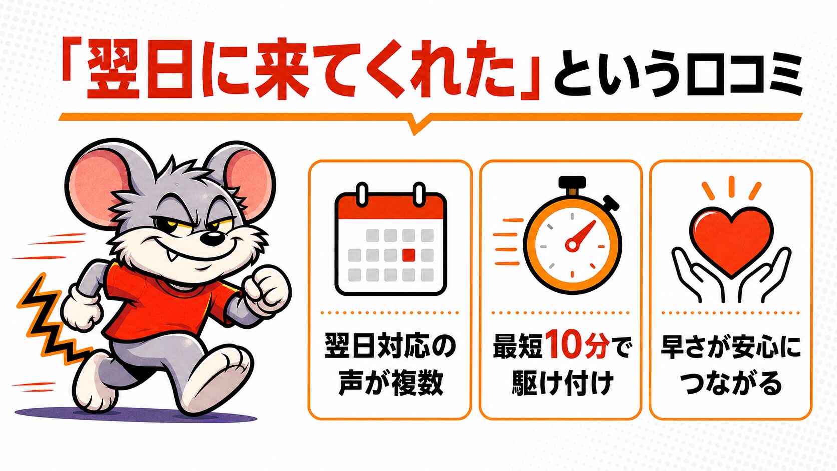 「翌日に来てくれた」というスピード対応の口コミを解説したスライド