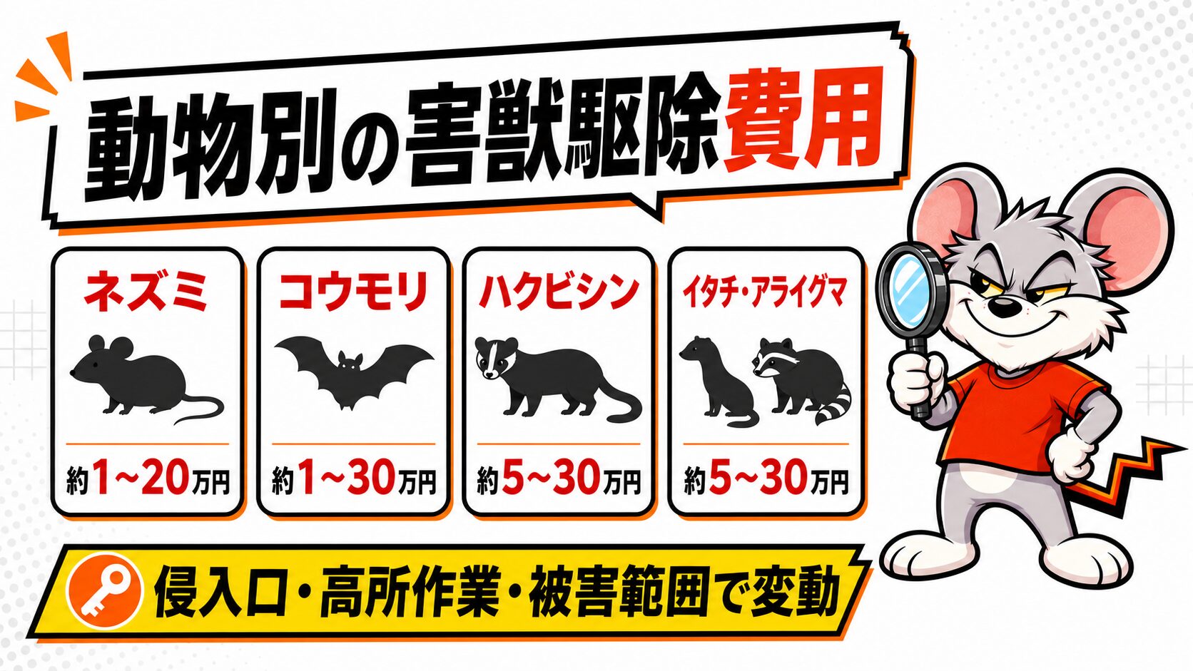 ネズミ、コウモリ、ハクビシンなど動物別の費用目安