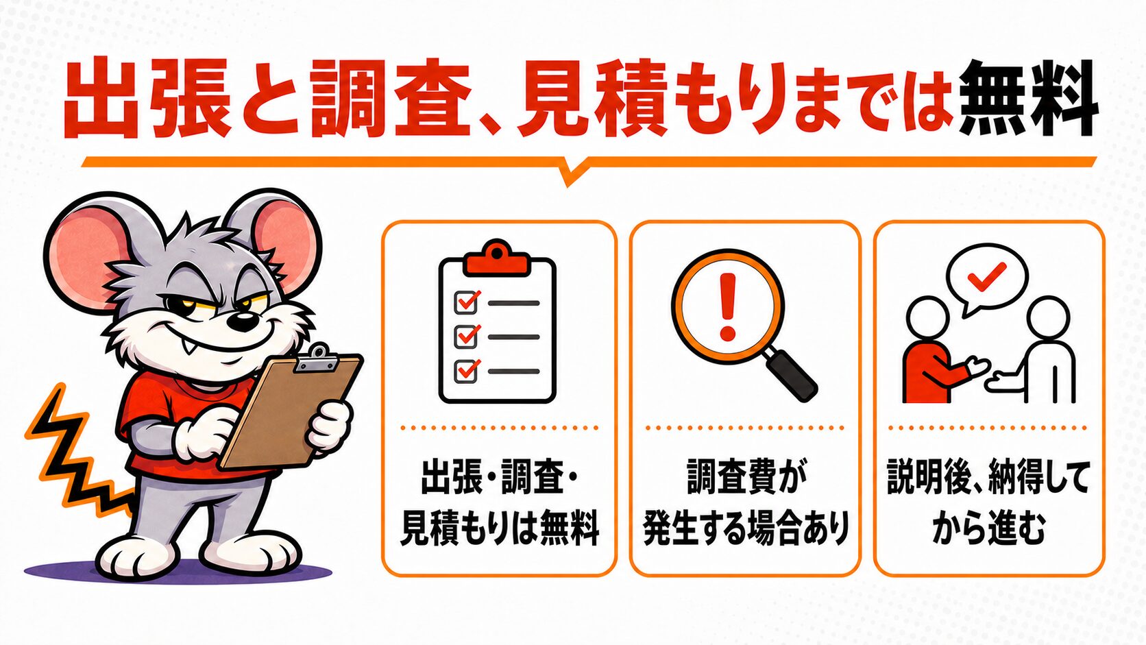 出張と調査、見積もりまでが無料になる範囲を解説したスライド