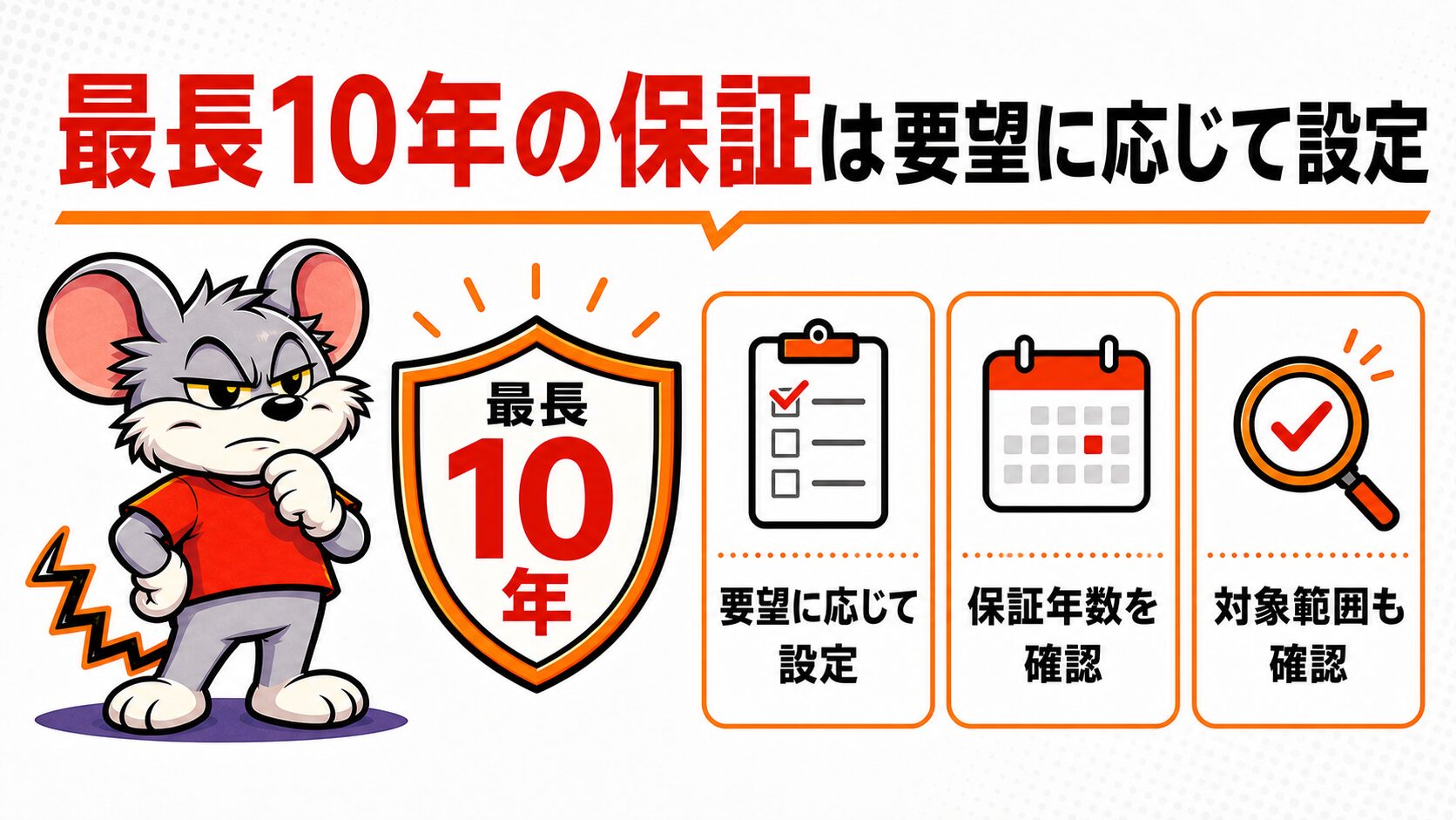 最長10年の保証が要望に応じて設定されることを解説したスライド