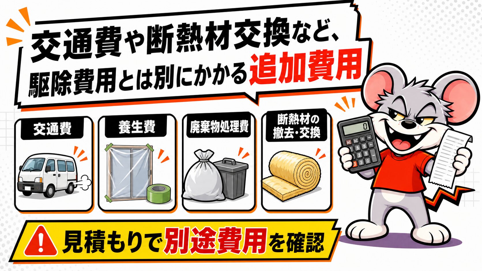 交通費や断熱材交換など、駆除費用とは別にかかる追加費用