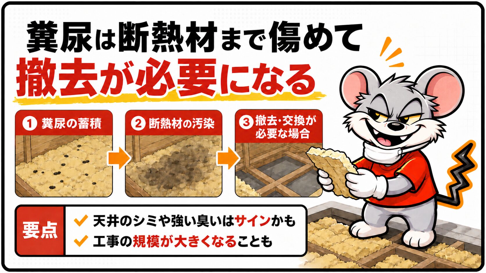 糞尿は断熱材まで傷めて撤去が必要になる