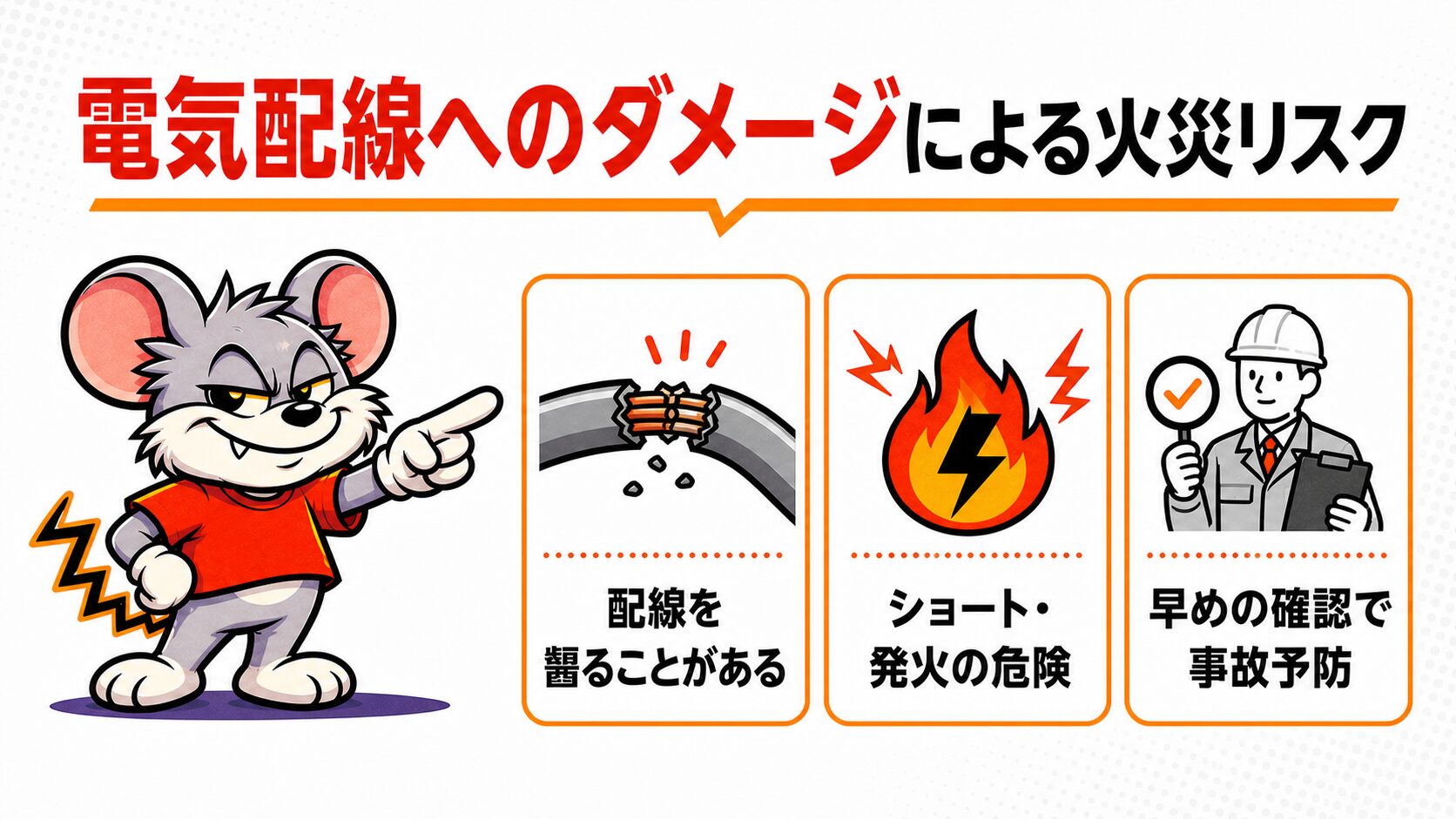 電気配線へのダメージによる火災リスクを解説したスライド