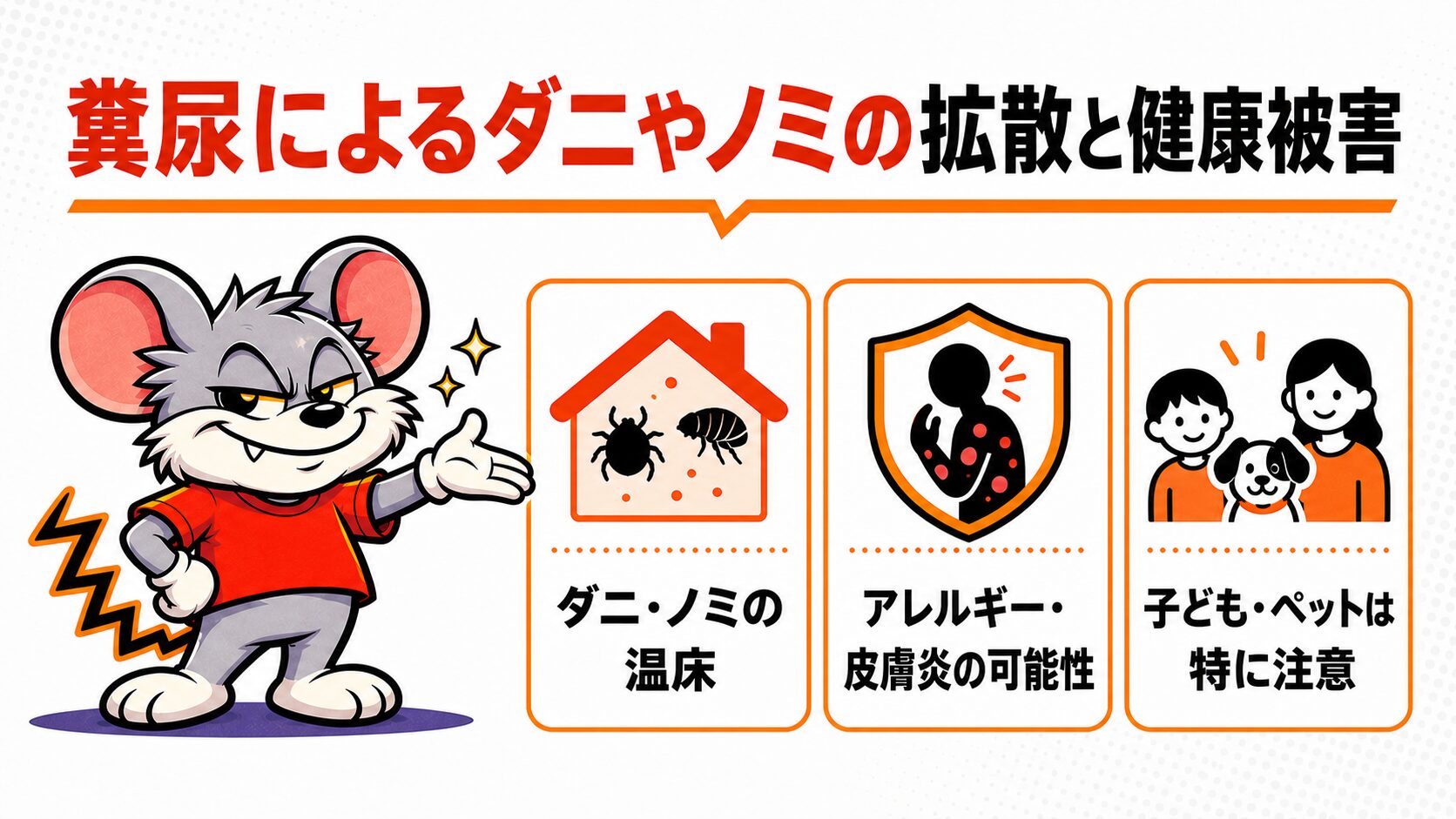 糞尿によるダニやノミの拡散と健康被害を解説したスライド