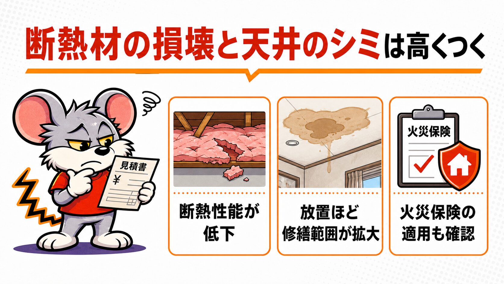 断熱材の損壊と天井のシミが高くつくことを解説したスライド