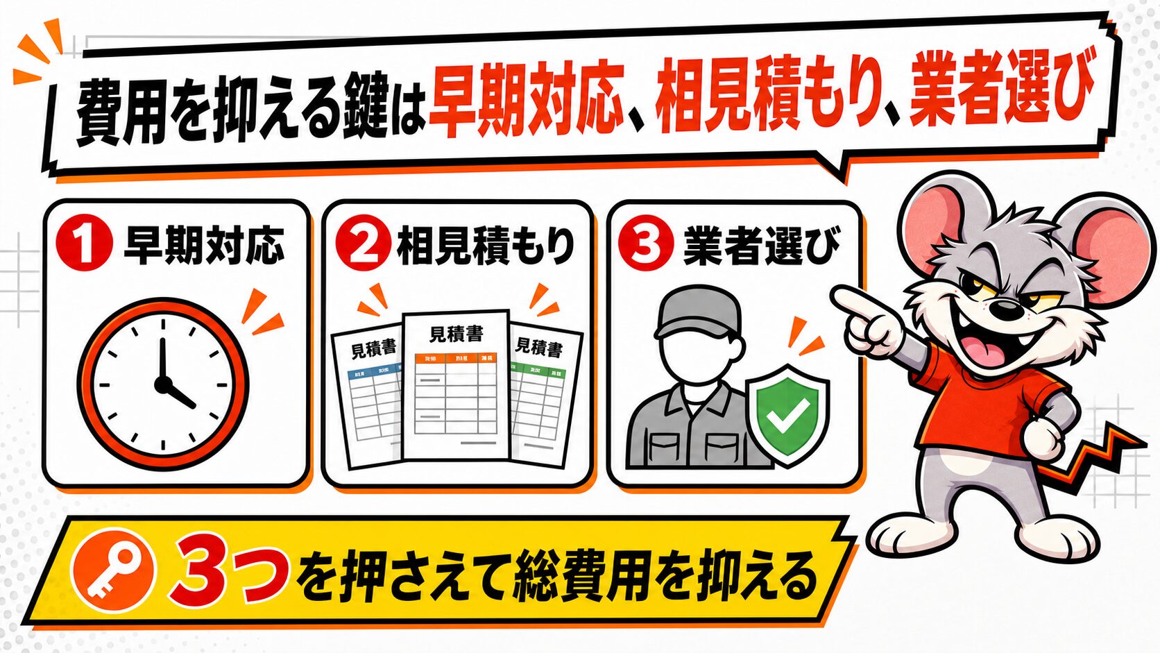 費用を抑える鍵は早期対応、相見積もり、業者選び