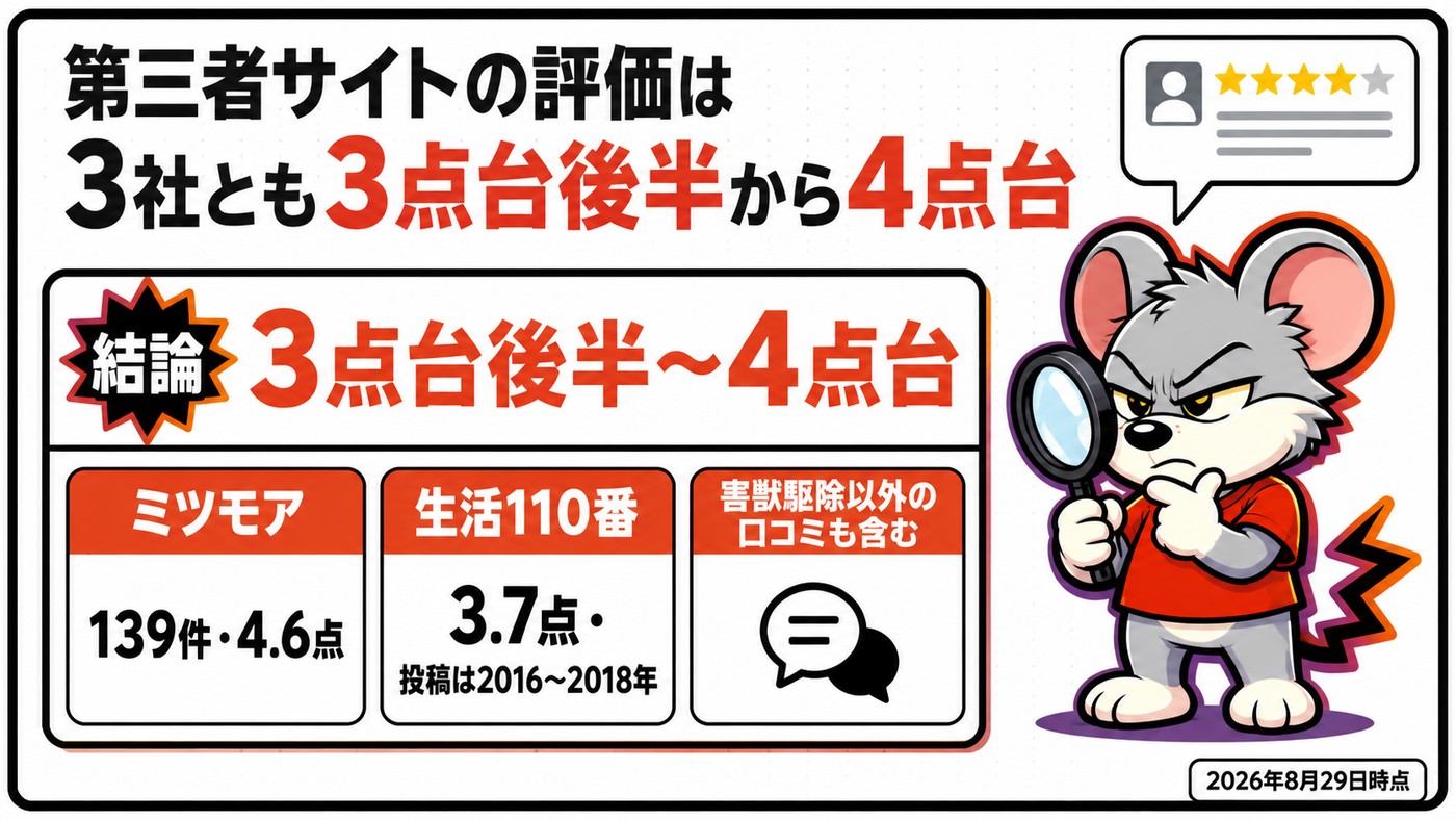 第三者サイトの評価をまとめた図。ミツモアは139件で4.6点、生活110番は3.7点で投稿は2016年から2018年、害獣駆除以外の口コミも含むと注記(2026年8月29日時点)