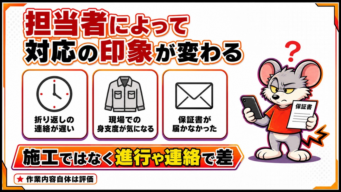 担当者によって対応の印象が変わることを示す図。折り返しの連絡が遅い、現場での身支度が気になる、保証書が届かなかったの3点。施工ではなく進行や連絡で差が出る