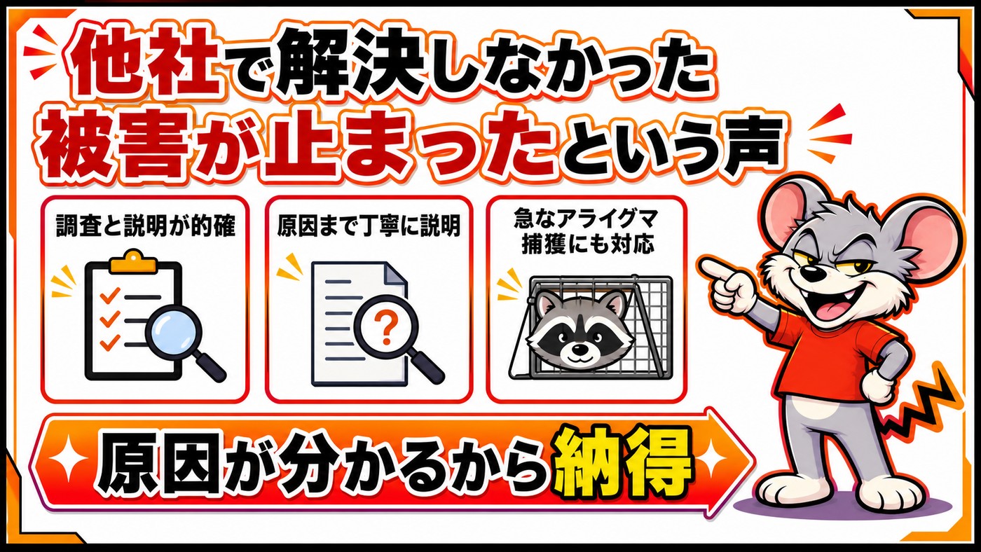 他社で解決しなかった被害が止まったという声を示す図。調査と説明が的確、原因まで丁寧に説明、急なアライグマ捕獲にも対応の3点