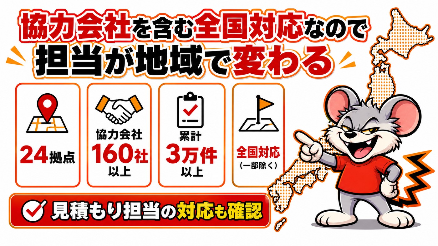 協力会社を含む全国対応なので担当が地域で変わることを示す図。24拠点、協力会社160社以上、累計3万件以上、全国対応で一部を除くの4項目