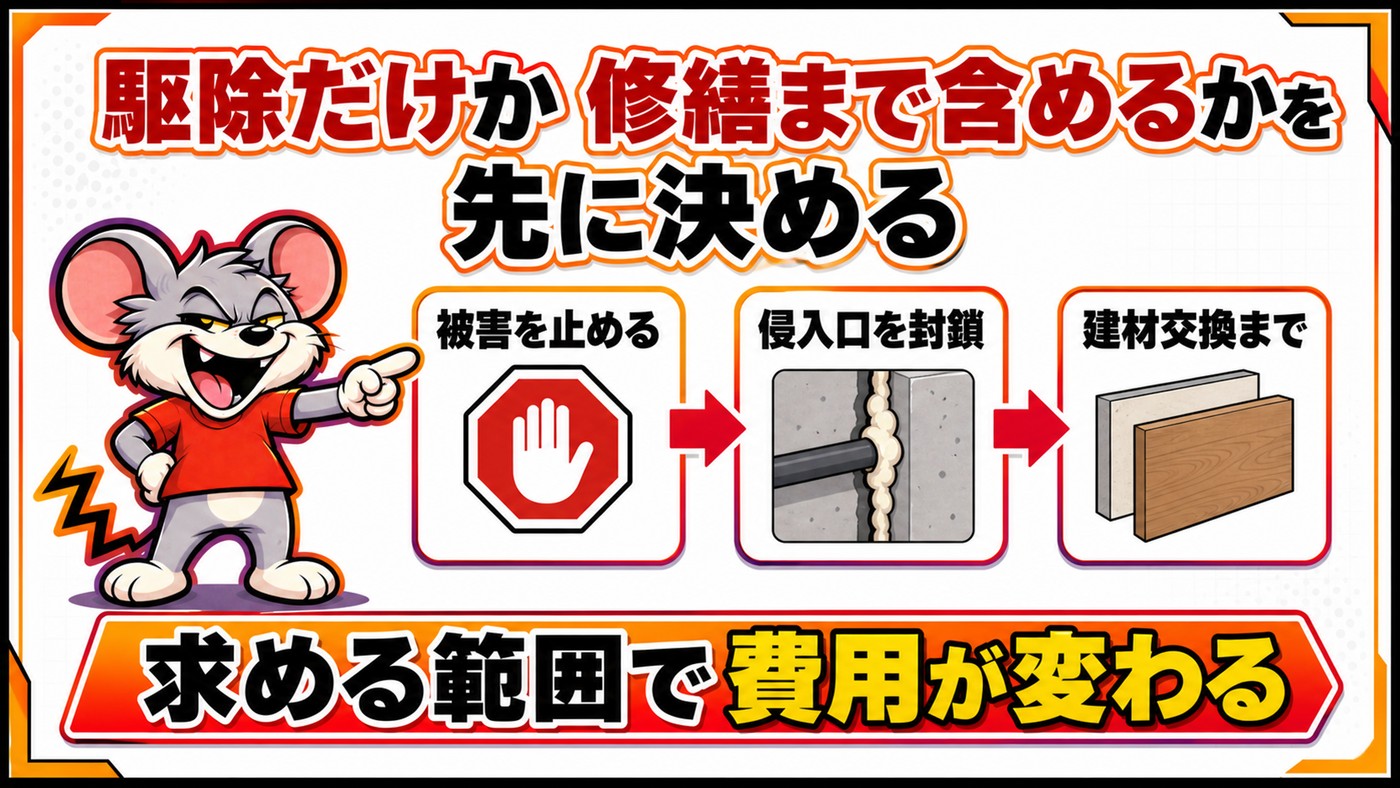 駆除だけか修繕まで含めるかを先に決めることを示す図。被害を止める、侵入口を封鎖、建材交換までの3段階で求める範囲により費用が変わる