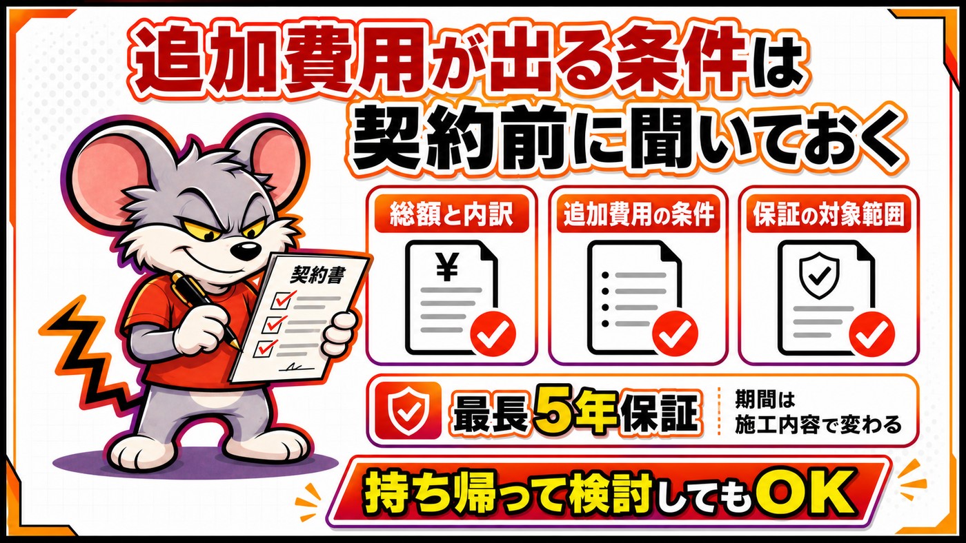 追加費用が出る条件を契約前に聞いておくことを示す図。総額と内訳、追加費用の条件、保証の対象範囲の3点と、最長5年保証で期間は施工内容により変わるとの注記
