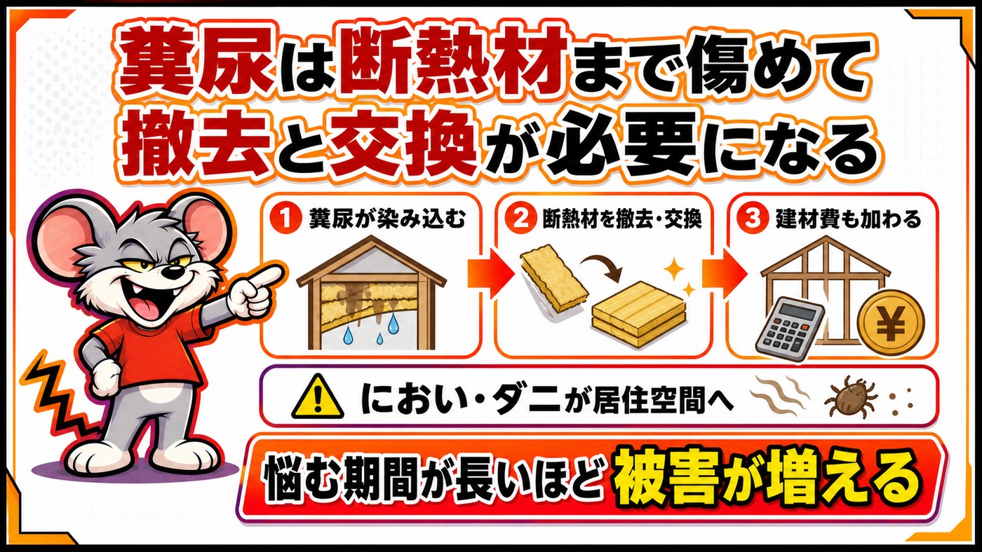 糞尿は断熱材まで傷めて撤去と交換が必要になることを示す図。糞尿が染み込む、断熱材を撤去と交換、建材費も加わるの3段階。においとダニが居住空間へ広がる