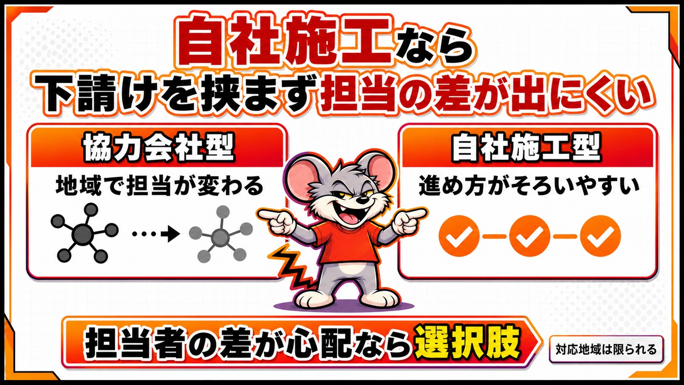 自社施工なら下請けを挟まず担当の差が出にくいことを示す比較図。協力会社型は地域で担当が変わり、自社施工型は進め方がそろいやすい。対応地域は限られる