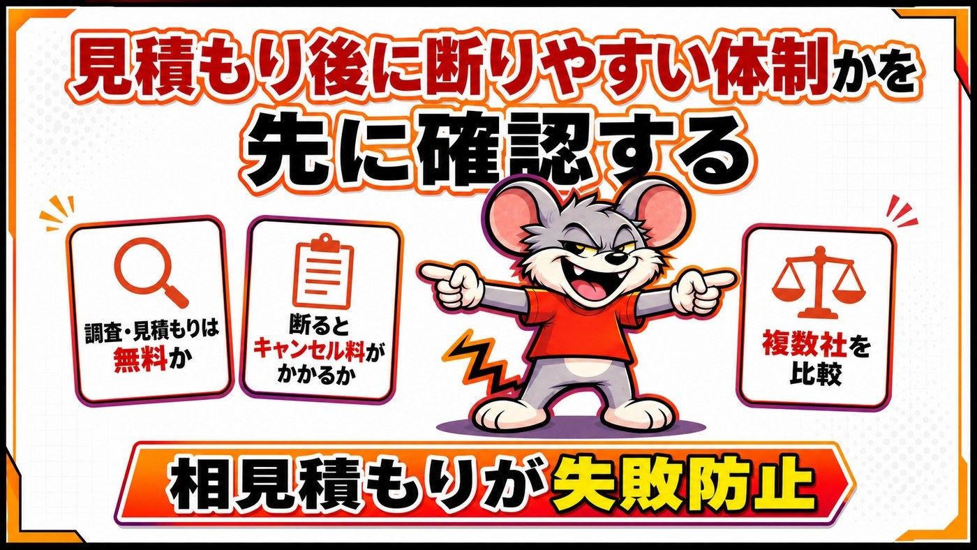 見積もり後に断りやすい体制かを先に確認することを示す図。調査と見積もりは無料か、断るとキャンセル料がかかるか、複数社を比較の3点