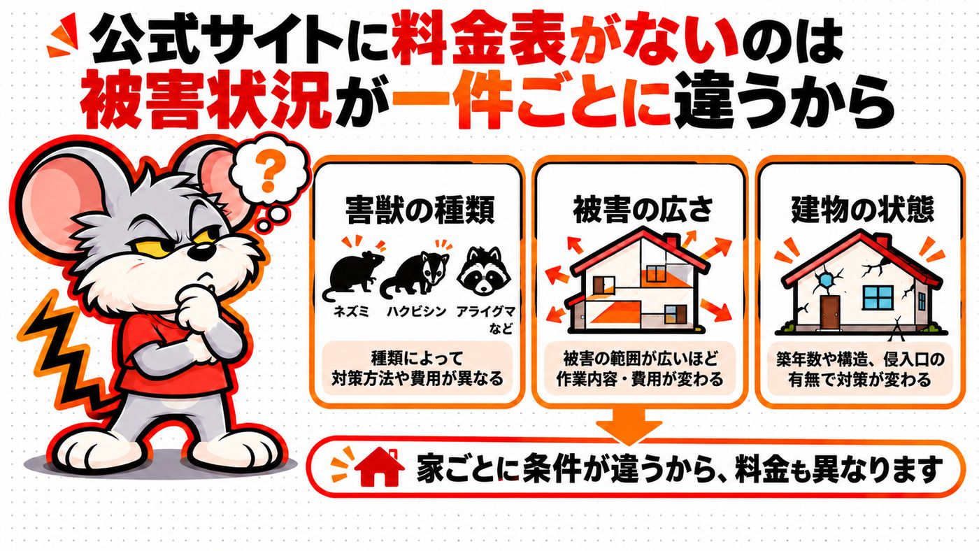 公式サイトに料金表がないのは被害状況が一件ごとに違うから