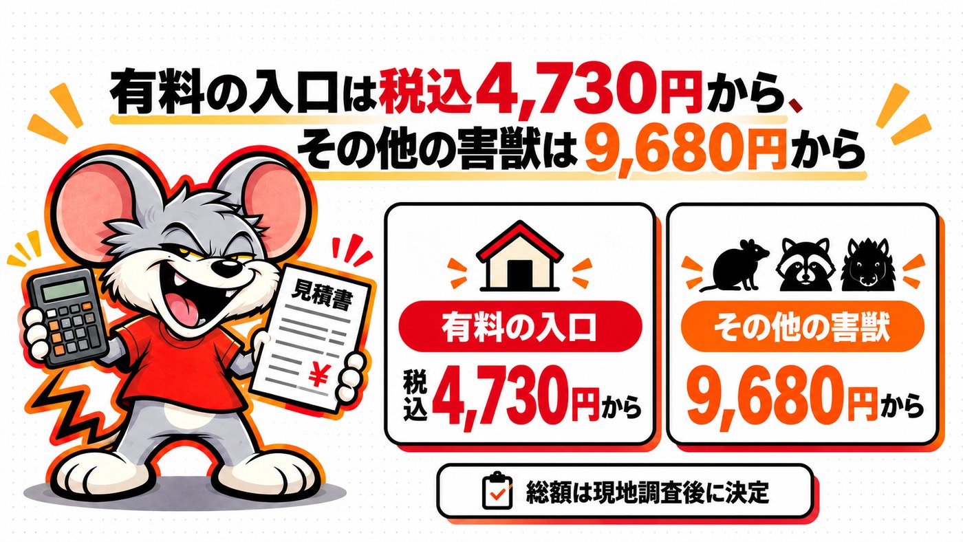 有料の入口は税込4,730円から、その他の害獣は9,680円から