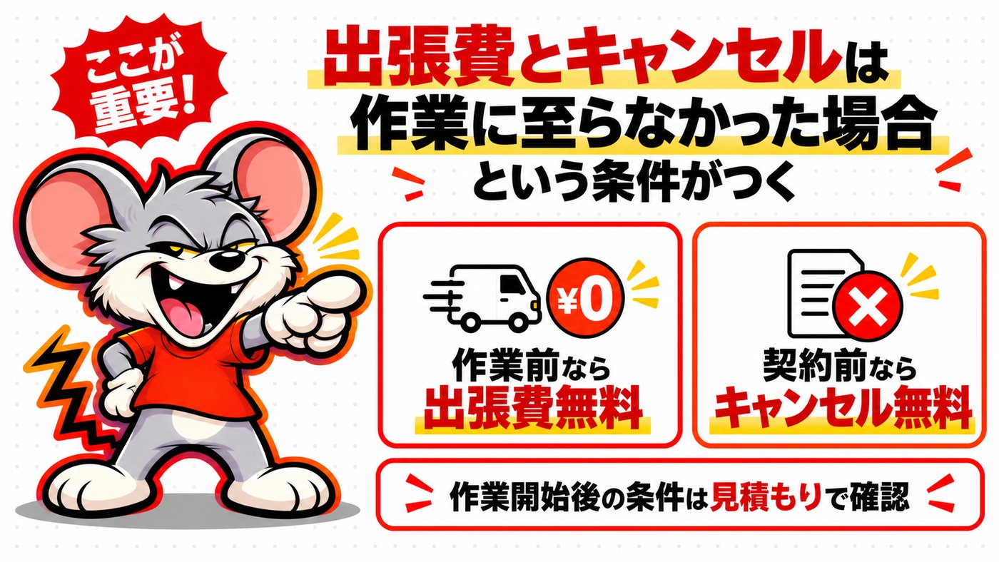 出張費とキャンセルは作業に至らなかった場合という条件がつく