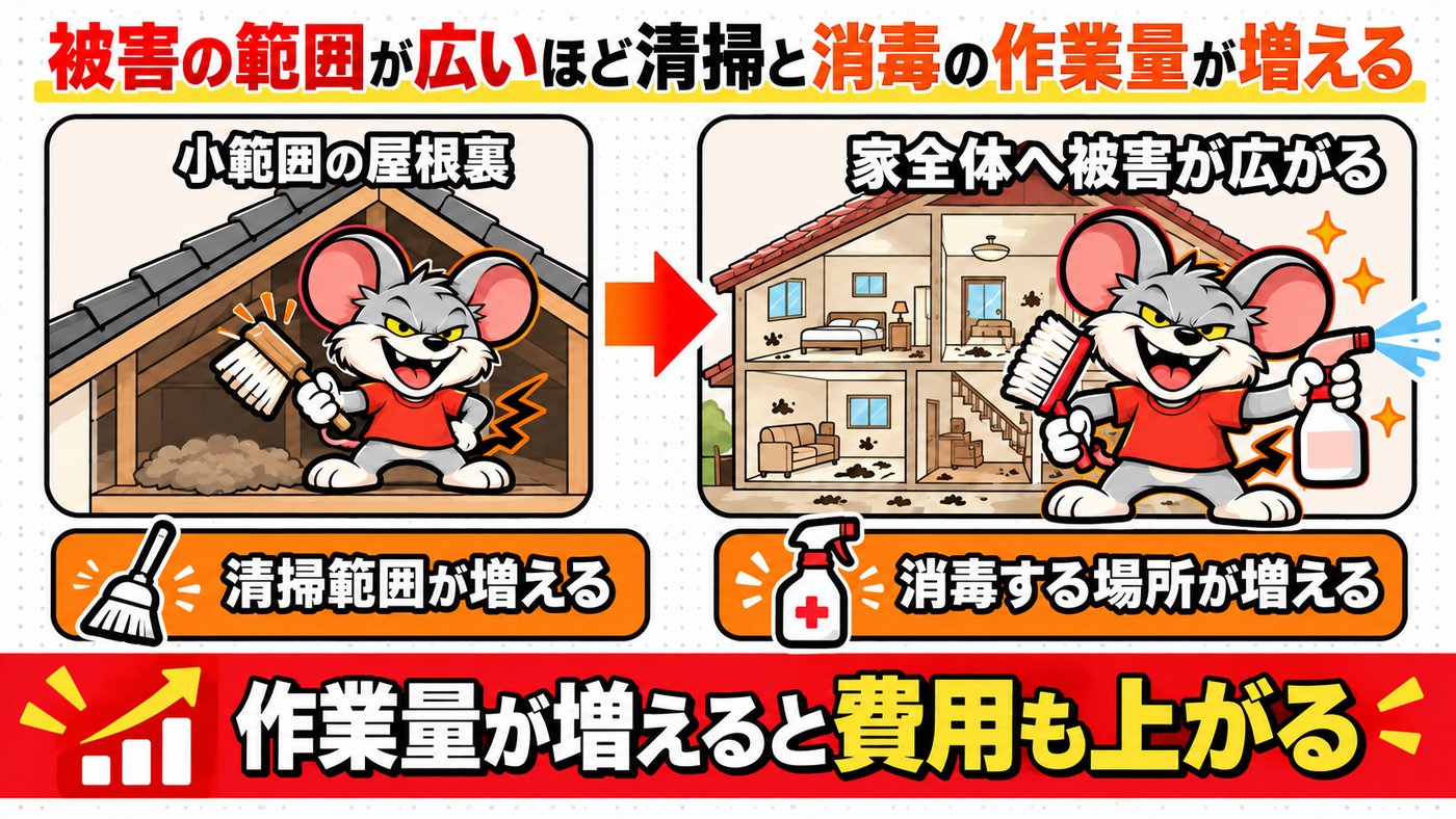 被害の範囲が広いほど清掃と消毒の作業量が増える