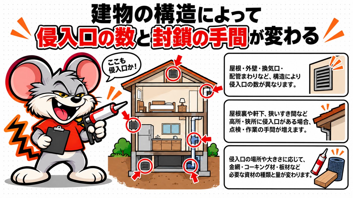 建物の構造によって侵入口の数と封鎖の手間が変わる