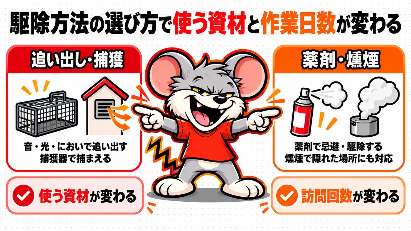 駆除方法の選び方で使う資材と作業日数が変わる
