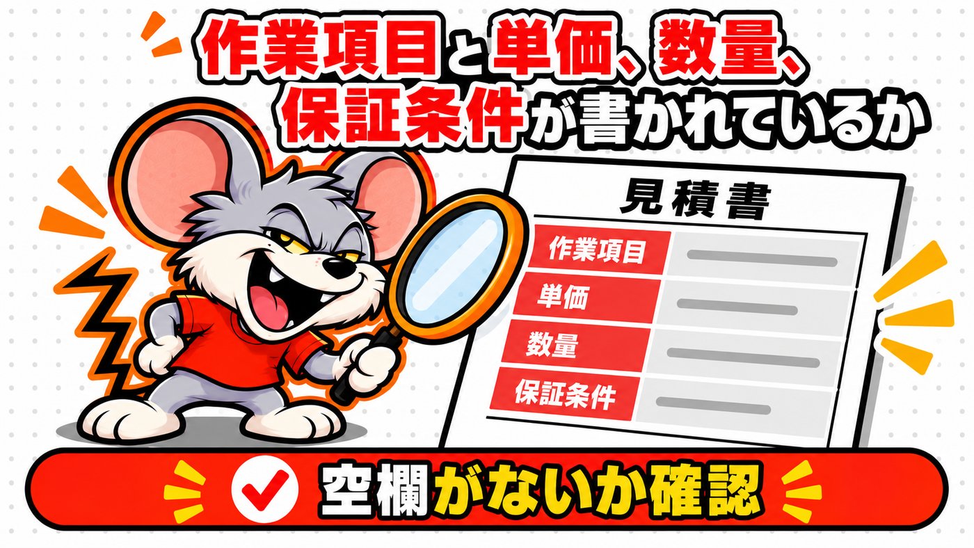 作業項目と単価、数量、保証条件が書かれているか