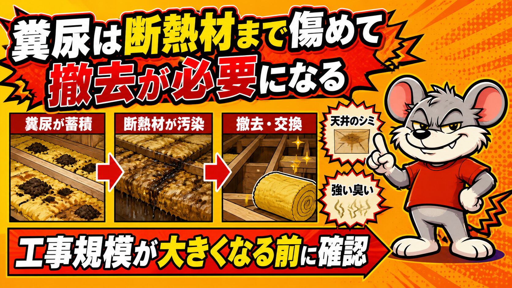 糞尿は断熱材まで傷めて撤去が必要になる