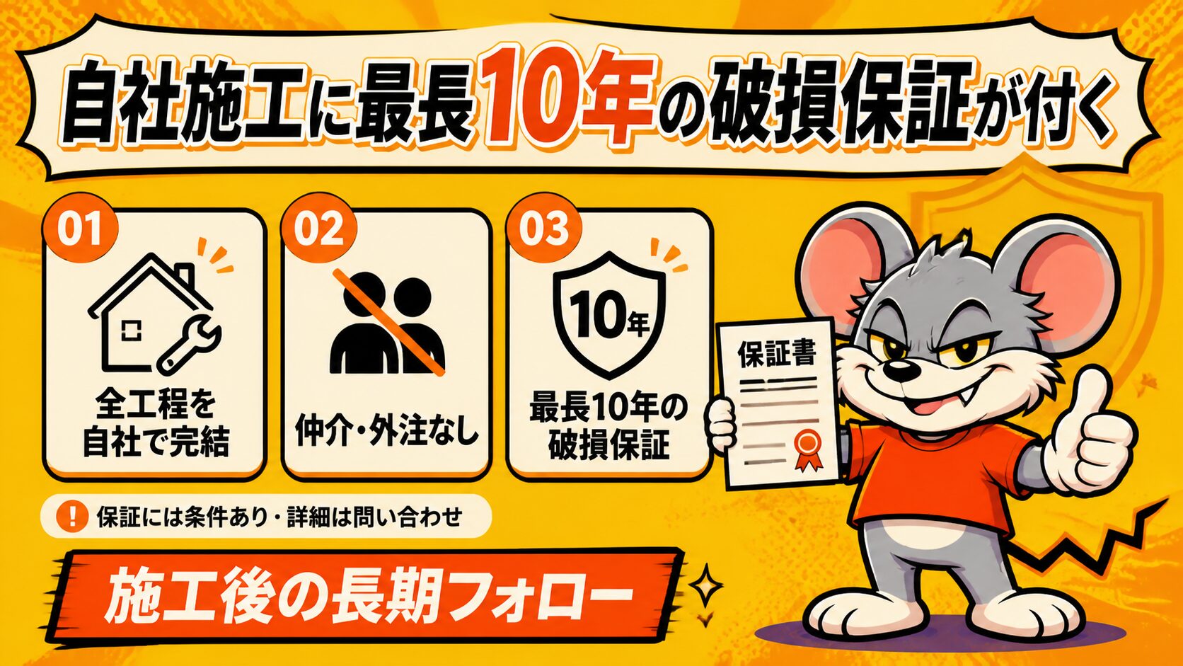 自社施工に最長10年の破損保証が付く