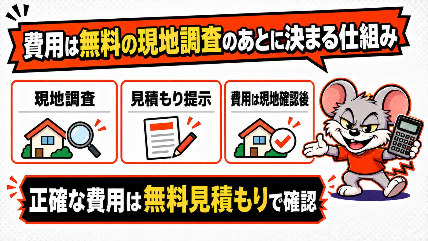 費用は無料の現地調査のあとに決まる仕組みを解説したペスコンProの図解