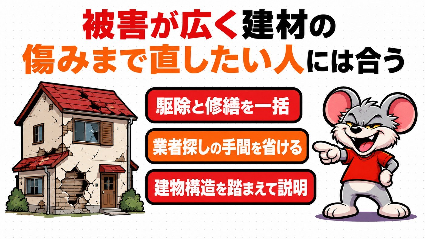 被害が広く建材の傷みまで直したい人にROYが合うことを示す図。駆除と修繕を一括、業者探しの手間を省ける、建物構造を踏まえて説明の3点と傷んだ住宅