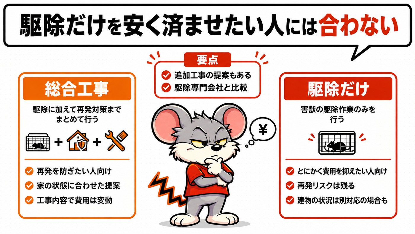 駆除だけを安く済ませたい人には合わないことを示す比較図。再発対策までまとめて行う総合工事と、駆除作業のみを行う場合を左右で対比