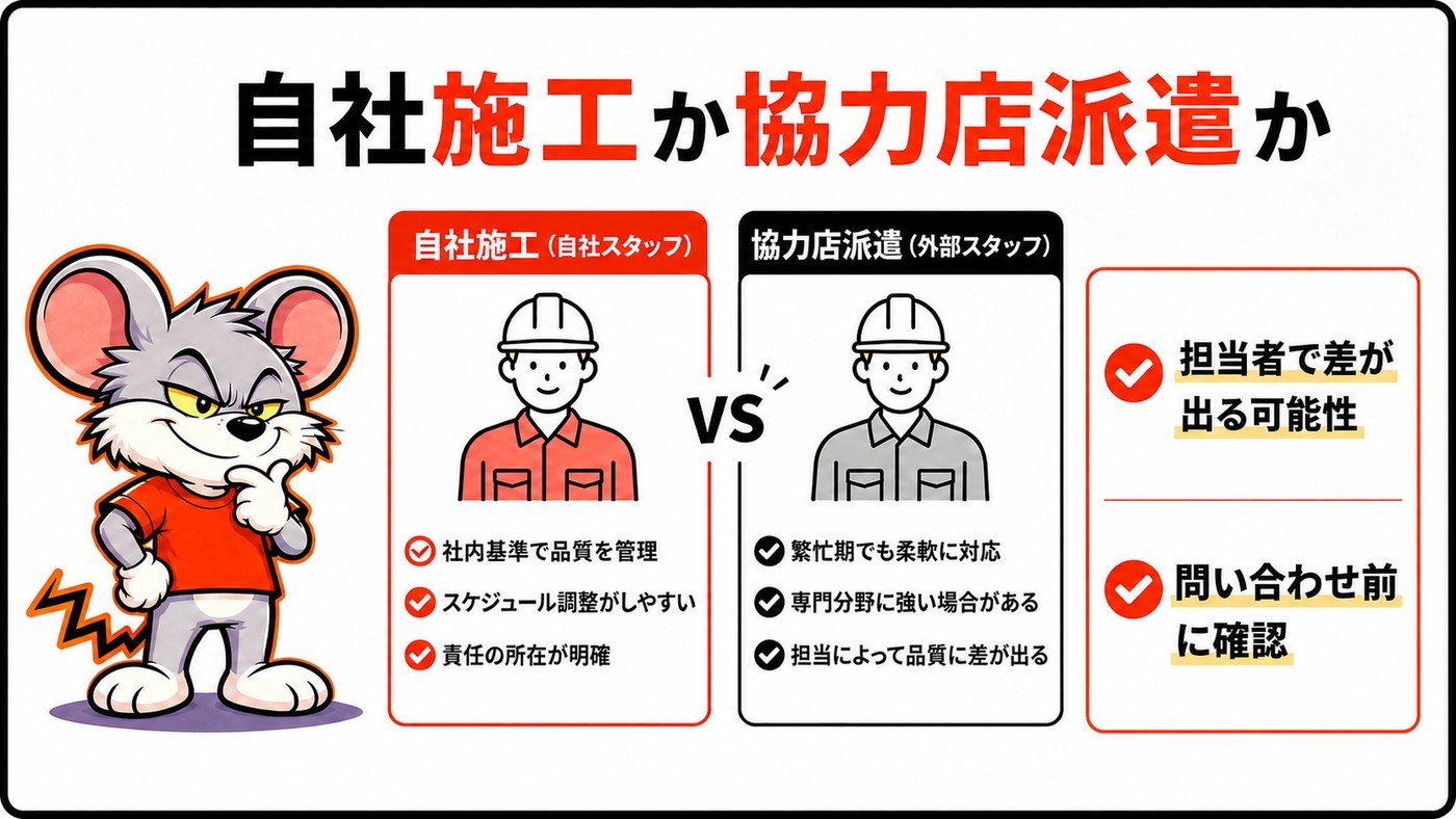 自社施工か協力店派遣かで担当者の差が変わることを示す比較図。自社施工は社内基準で品質を管理し責任の所在が明確、協力店派遣は担当によって品質に差が出る