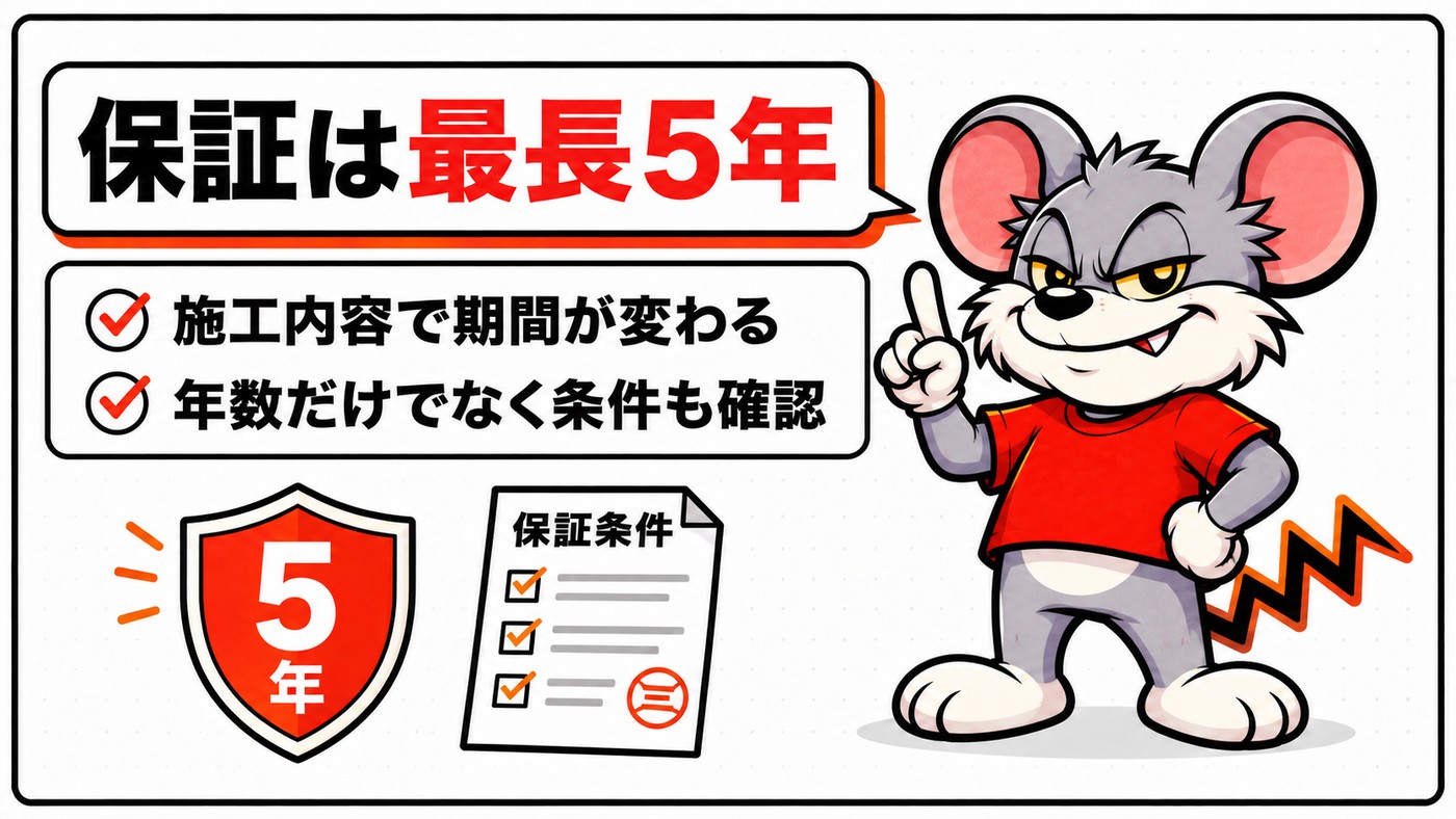 保証は最長5年で年数と条件が各社で違うことを示す図。施工内容で期間が変わる、年数だけでなく条件も確認するの2点と5年の盾