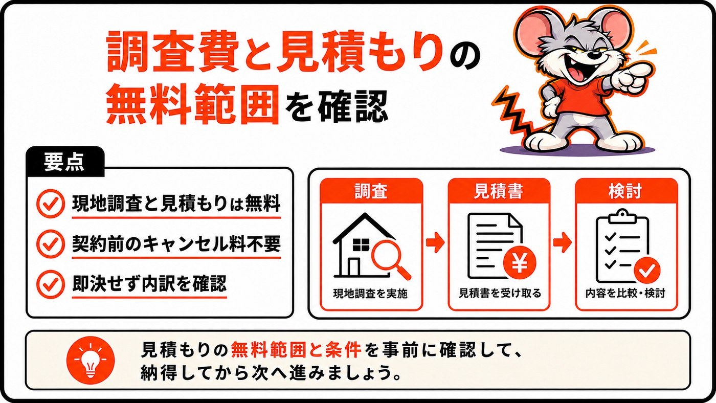 調査費と見積もりの無料範囲を先に確認することを示す図。現地調査と見積もりは無料、契約前のキャンセル料不要、即決せず内訳を確認の3点と手続きの流れ