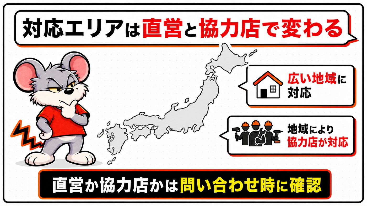 対応エリアは直営と協力店で中身が変わることを示す図。日本地図と、広い地域に対応する一方で地域により協力店が対応するという2つの注記