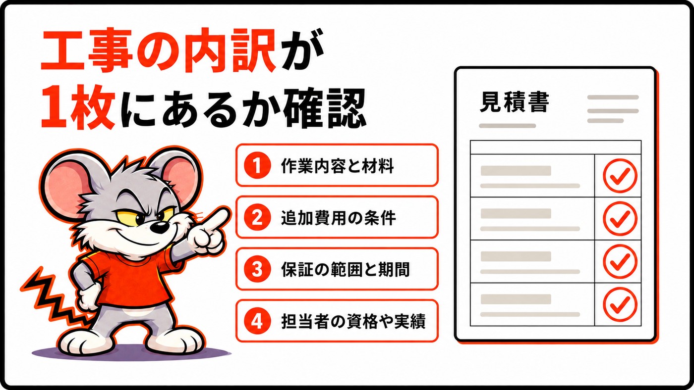工事の内訳が1枚に書かれているかを見ることを示す図