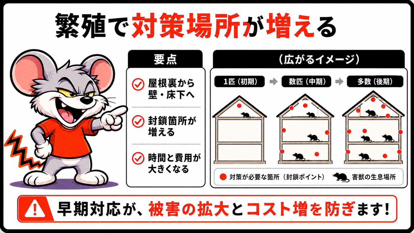 繁殖が進むと対策する場所そのものが増えることを示す図