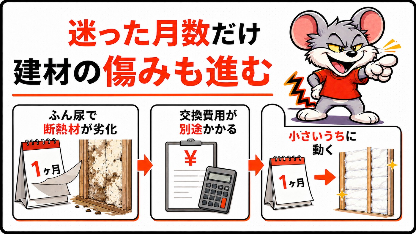 迷った月数だけ建材の傷みも進むことを示す図。糞尿で断熱材が劣化し交換費用が別途かかる流れと、小さいうちに動くという結論