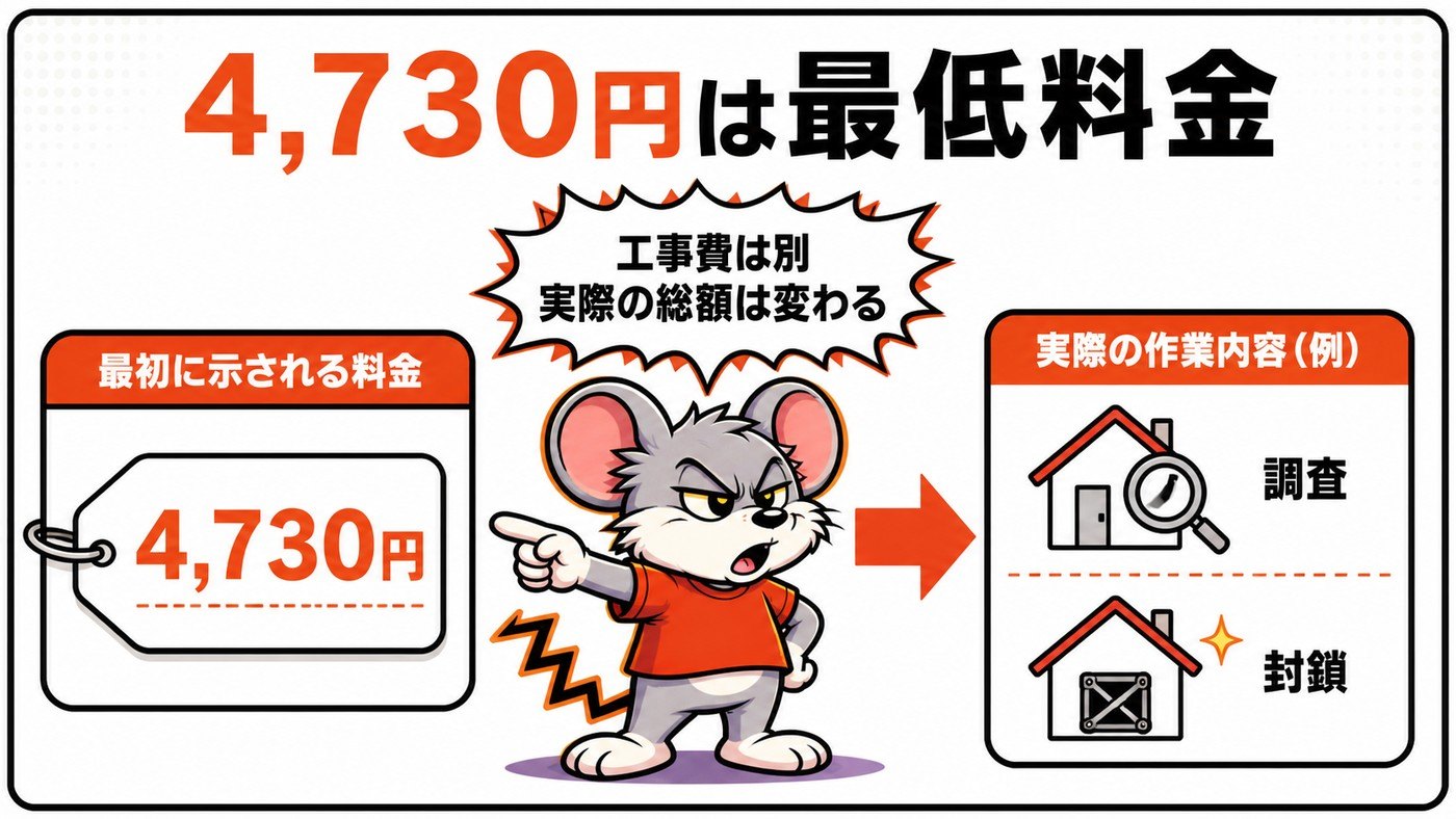 最初に示される4,730円という料金と、実際の作業内容である調査や封鎖を対比した図。工事費は別で実際の総額は変わると注記