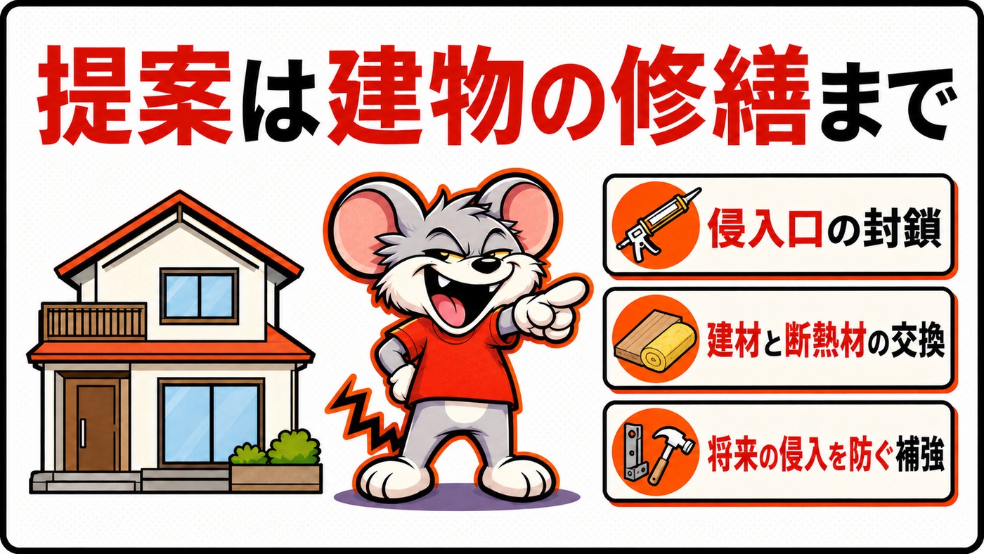 提案が駆除だけでなく建物の修繕まで及ぶことを示す図。侵入口の封鎖、建材と断熱材の交換、将来の侵入を防ぐ補強の3項目と住宅のイラスト