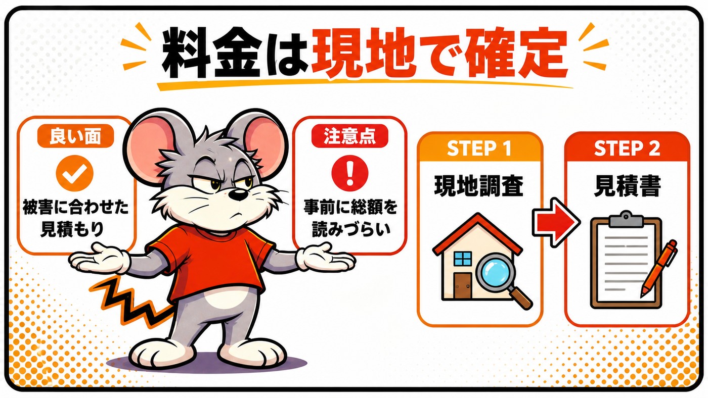 料金が現地で確定することを示す図。良い面は被害に合わせた見積もり、注意点は事前に総額を読みづらい。現地調査から見積書への2ステップ