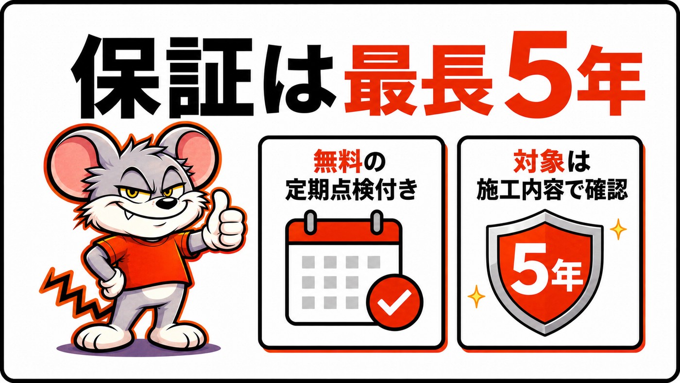 保証は最長5年であることを示す図。無料の定期点検付き、対象は施工内容で確認という2項目と5年の盾のアイコン