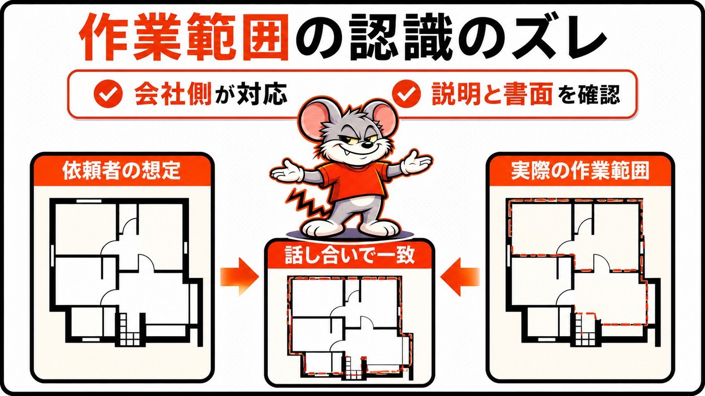 作業範囲の認識のズレを示す図。依頼者の想定と実際の作業範囲の間取り図を並べ、話し合いで一致させる流れ。会社側が対応し説明と書面を確認と注記