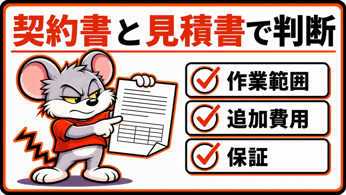 契約書と見積書で判断することを示す図。作業範囲、追加費用、保証の3項目にチェック
