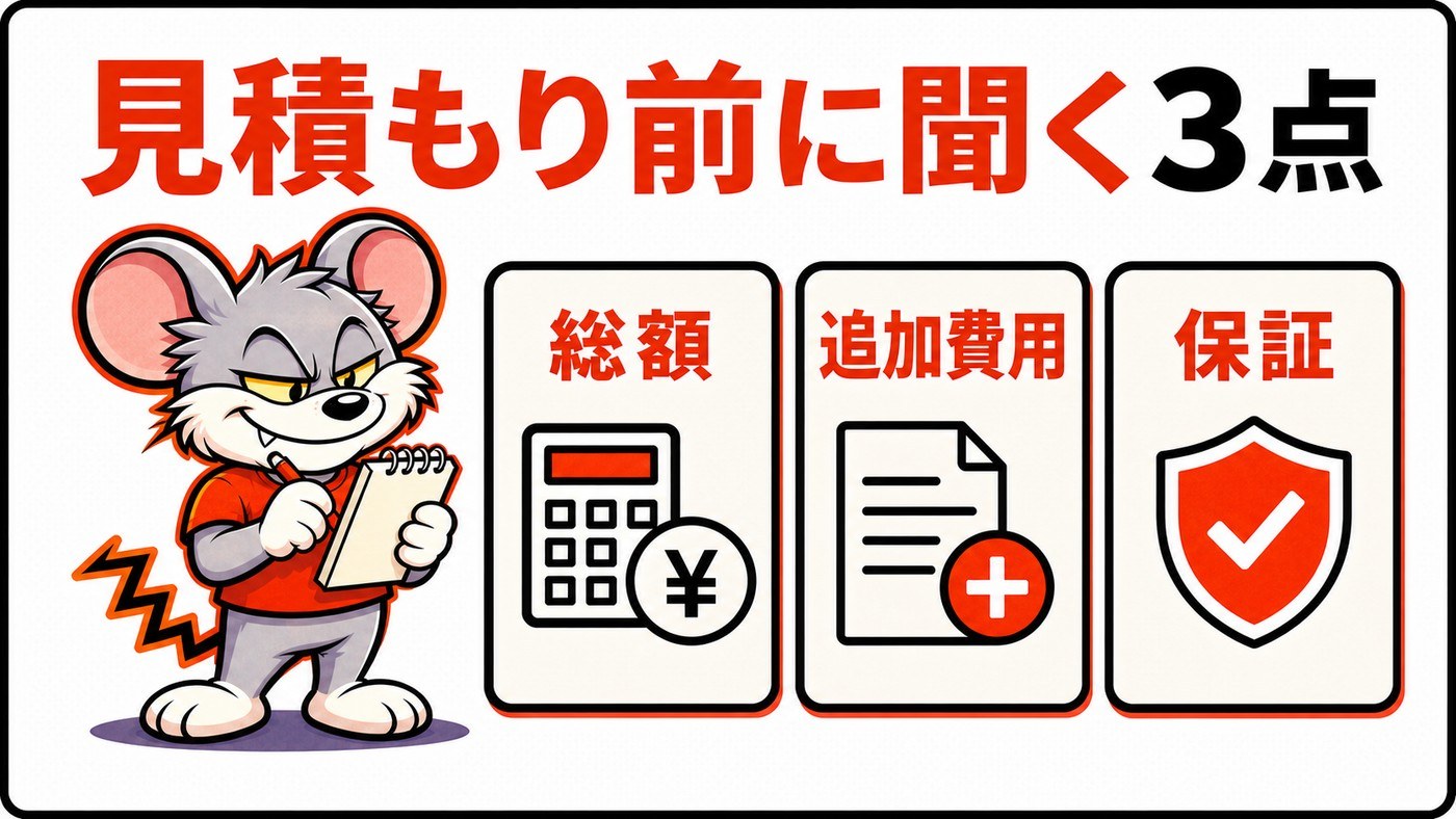 見積もり前に聞く3点を示す図。総額、追加費用、保証をそれぞれアイコンで表示