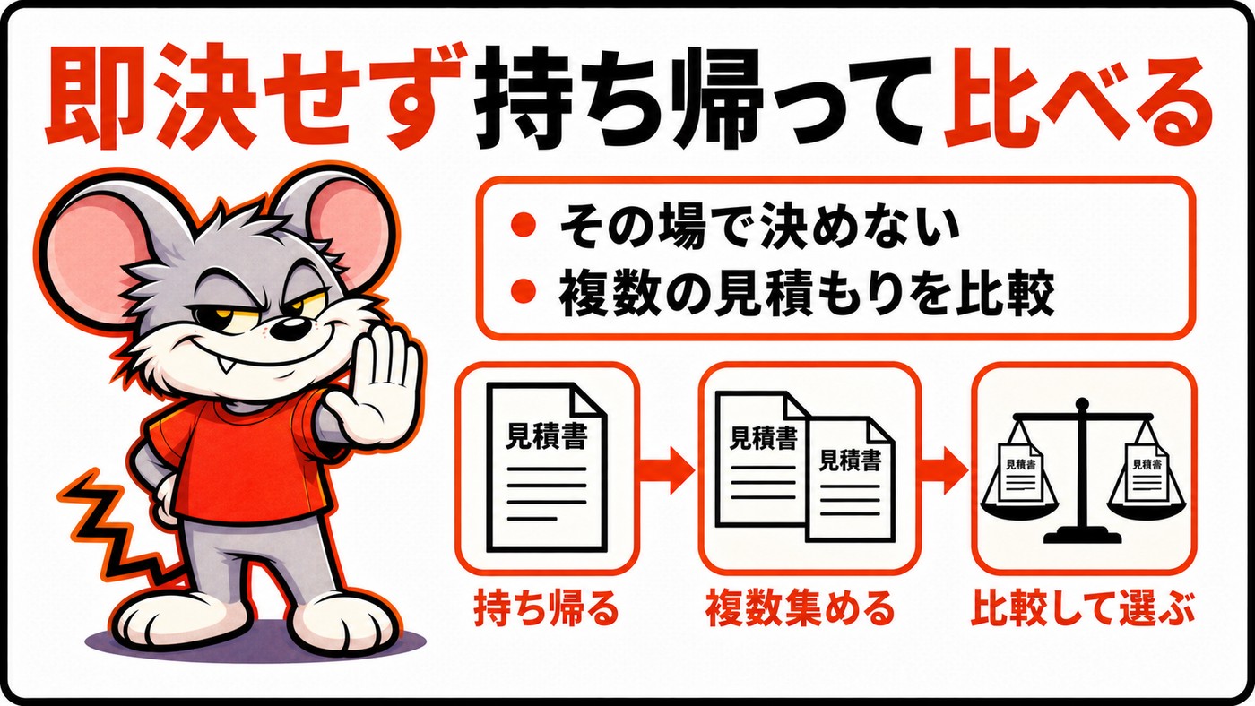 即決せず持ち帰って比べることを示す図。その場で決めない、複数の見積もりを比較の2点と、持ち帰る、複数集める、比較して選ぶの3段階
