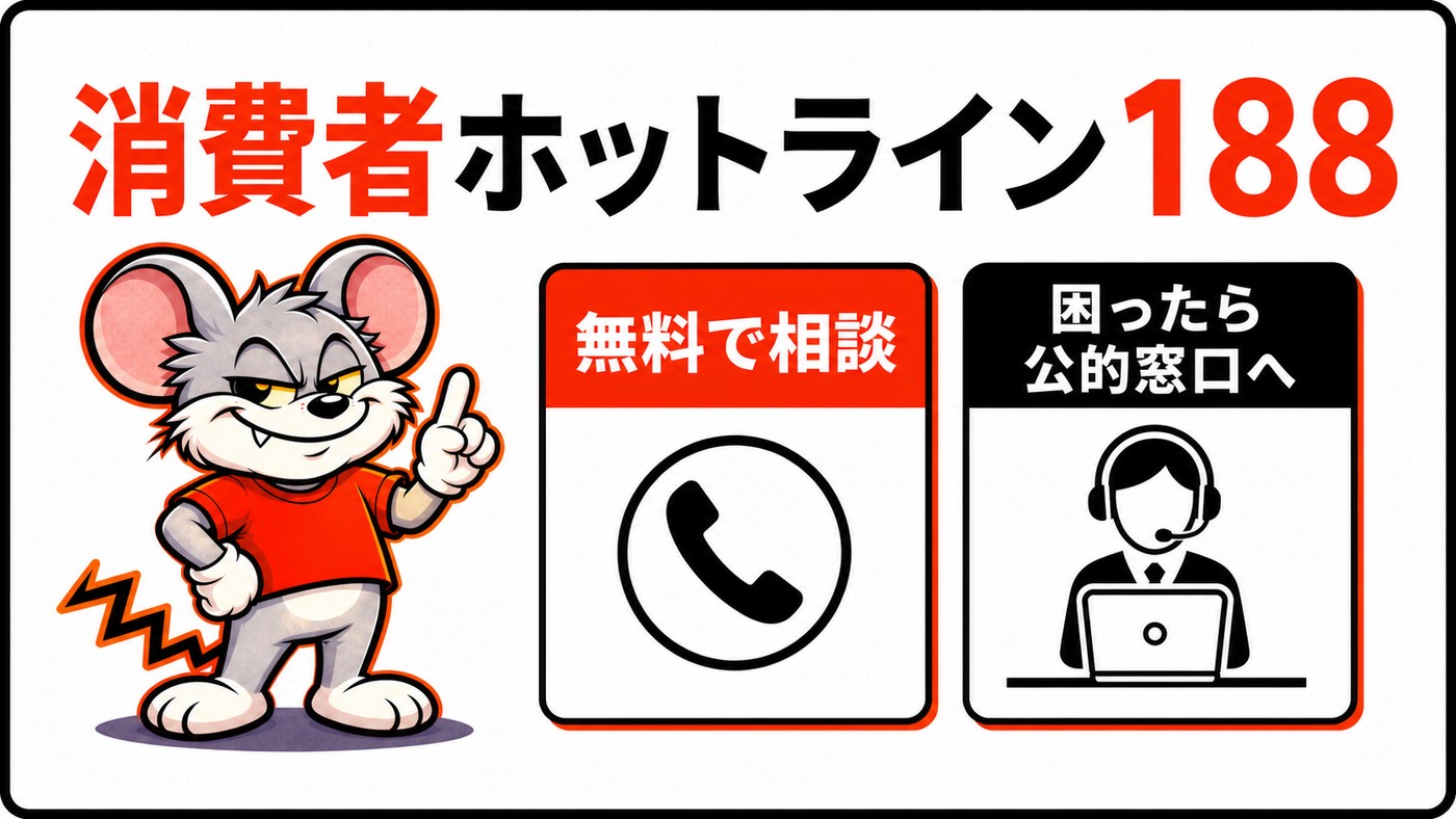 消費者ホットライン188を案内する図。無料で相談できること、困ったら公的窓口へという2つの案内