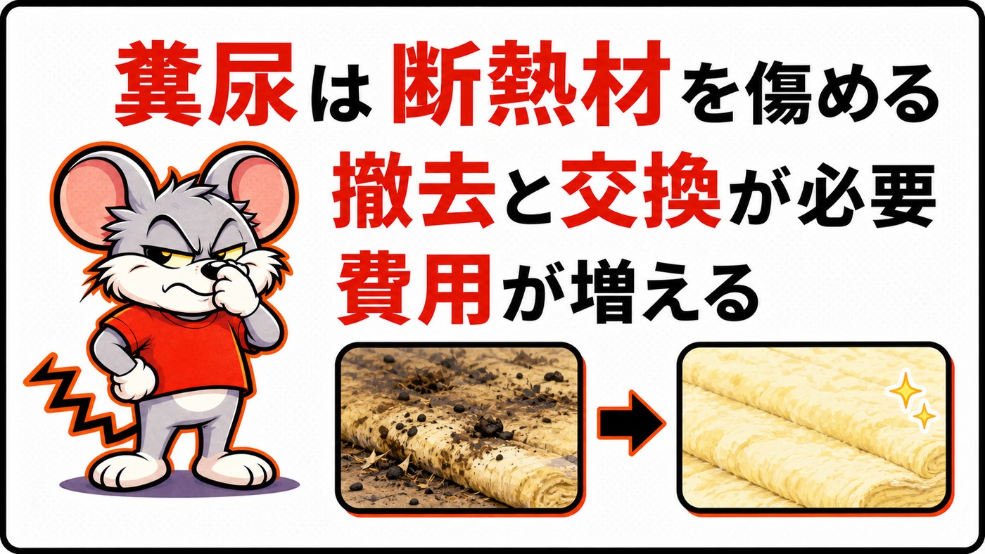 糞尿が断熱材を傷めて撤去と交換が必要になり費用が増えることを示す図。汚れた断熱材と新しい断熱材を対比